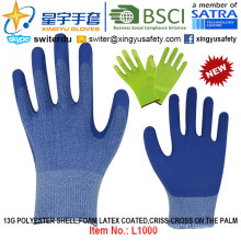 13G полиэфирные перчатки с латексным покрытием из пеноматериала (L1000) Крест-накрест на ладони с CE, En388, En420, рабочие перчатки